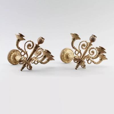 Pair Of Empire Style Gilt Bronze Wall Sconces With Lion Mascarons France