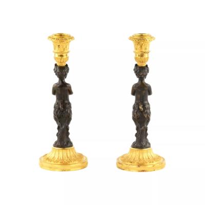 Pair Of French Bronze Candlesticks Fauns France Mid 19th Century