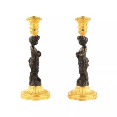 Pair Of French Bronze Candlesticks Fauns France Mid 19th Century