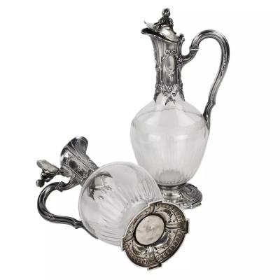 Pair Of French Silver Mounted Glass Wine Ewers Tetard Freres Paris