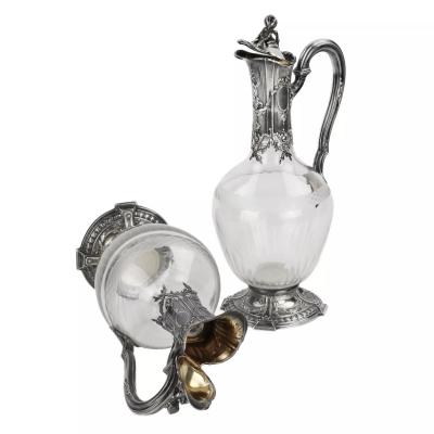 Pair Of French Silver Mounted Glass Wine Ewers Tetard Freres Paris