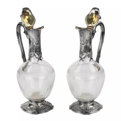 Pair Of French Silver Mounted Glass Wine Ewers Tetard Freres Paris