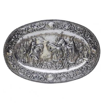 Pair Of Silver Decorative Trays With Knightly Scenes In The Historicist Style