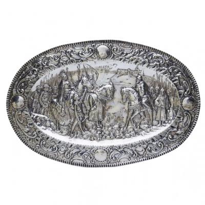 Pair Of Silver Decorative Trays With Knightly Scenes In The Historicist Style