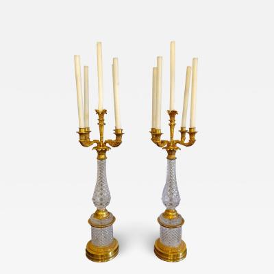 Pair of Bagu s Style Cut Crystal and Gilt Brass Table Candelabras or Lamps