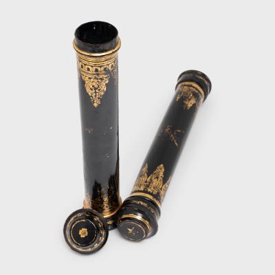 Pair of Gilt Black Lacquer Scroll Cases
