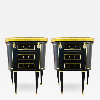 Pair of Jansen Inspired Marble Top Galleried Ebonized End Tables Nightstands