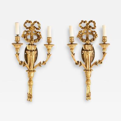 Pair of Louis XVI Giltwood Sconces with Bow Knot Quiver Motif