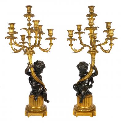 Pair of Louis XVI Seven Light Candelabra with Putto Figurals 19th Century