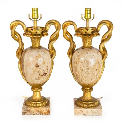 Pair of Louis XVI Style Lamps Entwined Snake Handles