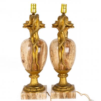 Pair of Louis XVI Style Lamps Entwined Snake Handles