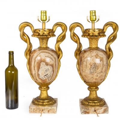 Pair of Louis XVI Style Lamps Entwined Snake Handles