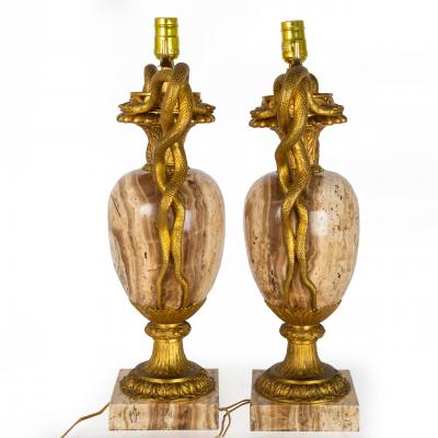 Pair of Louis XVI Style Lamps Entwined Snake Handles