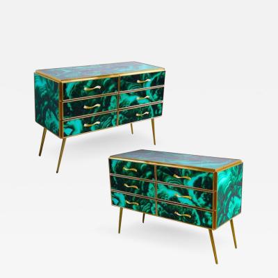 Pair of Midcentury Style Brass and Malachite Colored Murano Glass Commode 2020