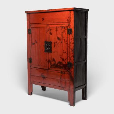 Pair of Red Lacquer Cabinets with Birds in Flight