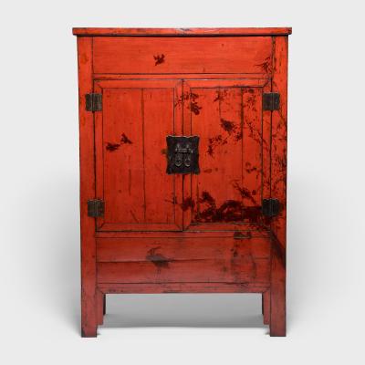 Pair of Red Lacquer Cabinets with Birds in Flight