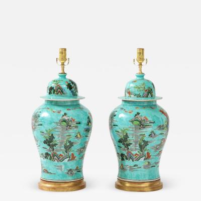 Pair of Turquoise Chinoiserie Lamps