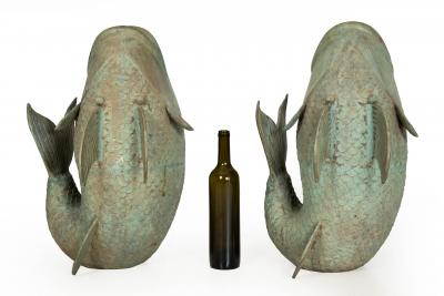 Pair of Verdigris Bronze Koi Fish Vases Circa 1950s