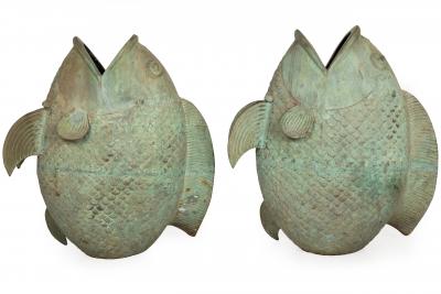 Pair of Verdigris Bronze Koi Fish Vases Circa 1950s