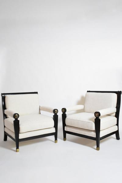 Pair of neoclassical ebonised wood and caning armchairs 1960s 