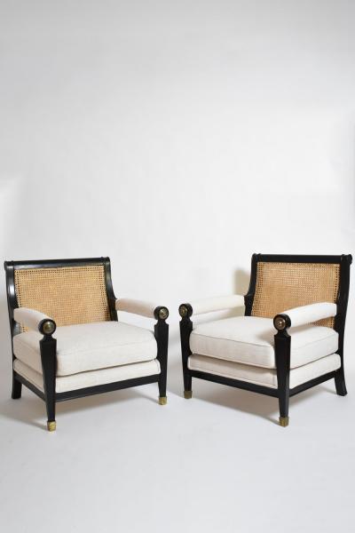 Pair of neoclassical ebonised wood and caning armchairs 1960s 