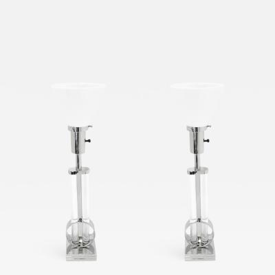 Pr Streamline Art Deco Nickel Glass Table Lamps by Gilbert Rohde