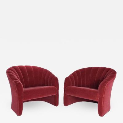 Red Mohair Barrel Back Lounge Chairs 1970
