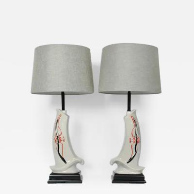 Rembrandt Lamp Company Pair Rembrandt Lamp Co Flying Fish Glazed Ceramic Table Lamps circa 1950