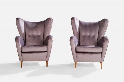 Renzo Zavenella Attribution Lounge Chairs with Velvet and Wood Italy 1940s