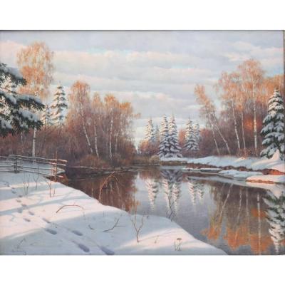Riverbank In Winter Boris Bessonov 1862 1934 Russia