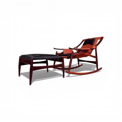 Rocking Chair with Ottoman in Rosewood Leather Liceu de Artes 1960s