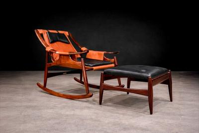 Rocking Chair with Ottoman in Rosewood Leather Liceu de Artes 1960s