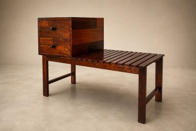 Rosewood Telephone Bench with Two Drawer Cabinet Shearling Cushion 1960s