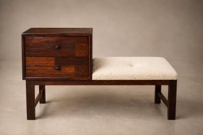 Rosewood Telephone Bench with Two Drawer Cabinet Shearling Cushion 1960s