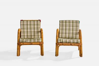 Rotan Lounge Chairs with Bamboo Rattan and Fabric Italy 1950s