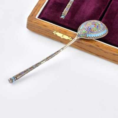 Set Of Six Cloisonne Enamel Silver Teaspoons In A Presentation Case 