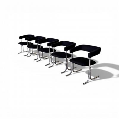 Set of Five Armchairs in Chrome and Black Fabric Pozza Moveis 1960s