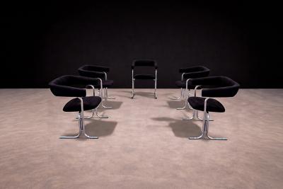 Set of Five Armchairs in Chrome and Black Fabric Pozza Moveis 1960s