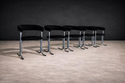 Set of Five Armchairs in Chrome and Black Fabric Pozza Moveis 1960s
