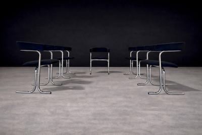 Set of Five Armchairs in Chrome and Black Fabric Pozza Moveis 1960s