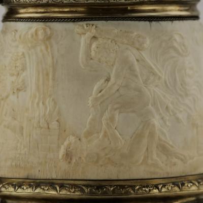Silver Beer Tankard With Atlas And Carved Ivory Religious Scenes Lubeck