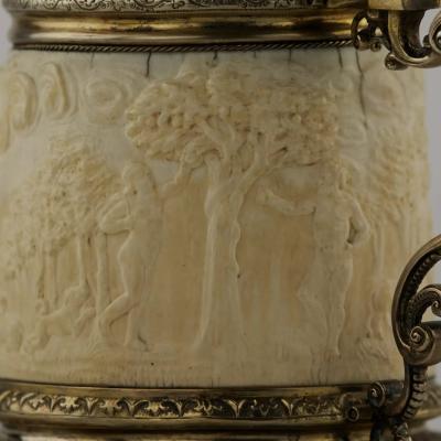 Silver Beer Tankard With Atlas And Carved Ivory Religious Scenes Lubeck