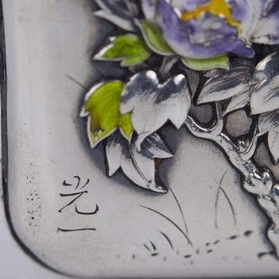 Silver Cigarette Case With Enamel Decor Of Peonies And A Bird Japan