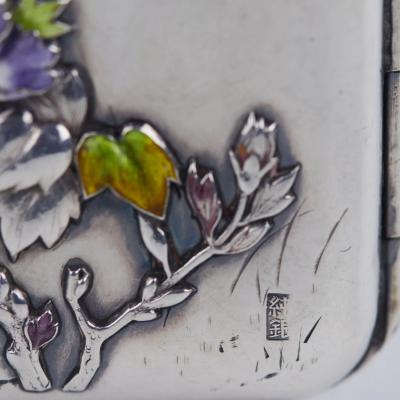 Silver Cigarette Case With Enamel Decor Of Peonies And A Bird Japan
