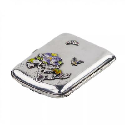 Silver Cigarette Case With Enamel Decor Of Peonies And A Bird Japan