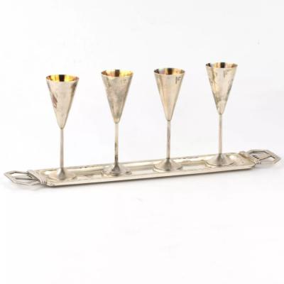 Silver Cognac Set With Four Gilt Shot Cups And Tray Ivan Khlebnikov