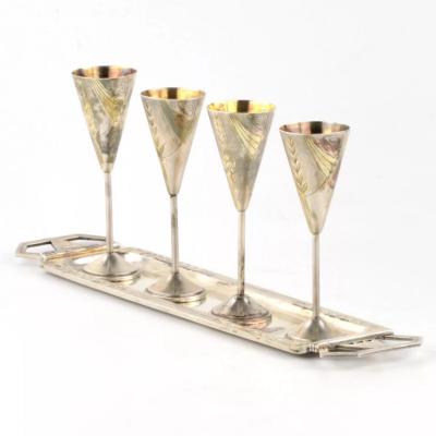 Silver Cognac Set With Four Gilt Shot Cups And Tray Ivan Khlebnikov