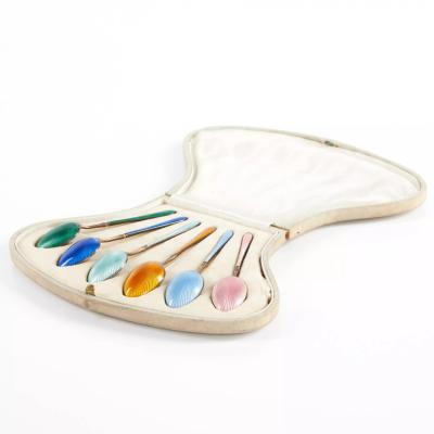 Silver Guilloche Enamel Spoon Set In Original Presentation Case Western Europe