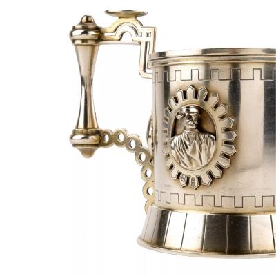 Silver Tea Glass Holder With Relief Medallions In The Neo Russian Style 