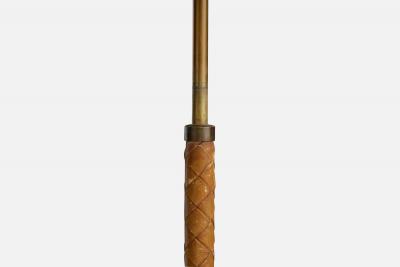 Swedish Designer Floor Lamp with Brass Leather and Fabric Sweden 1940s